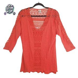 Mind Set by XCVI Red Open Knit Crochet Cotton V-Neck Long Sleeve Sweater Sz M